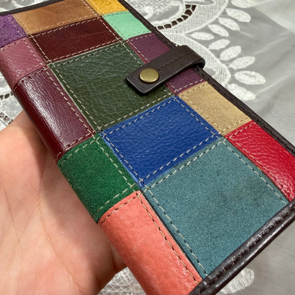 Y2K Boho Wilsons Leather Patchwork Bifold Wallet Multi Color Suede Slim Organize - Picture 2 of 6